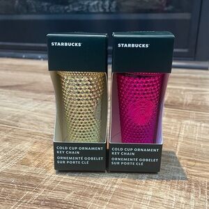 2 Starbucks Cold Cup Ornament Keychain 2022 Holiday Sangria Pink & Gold Bling